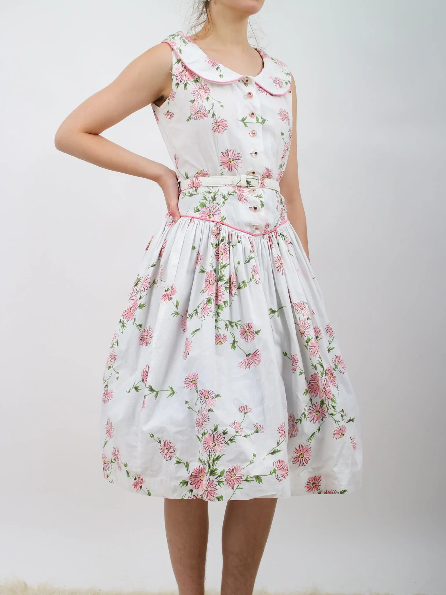 1950s Pink and White Drop Waist Floral Cotton Fit and Flare Shirt Dress
