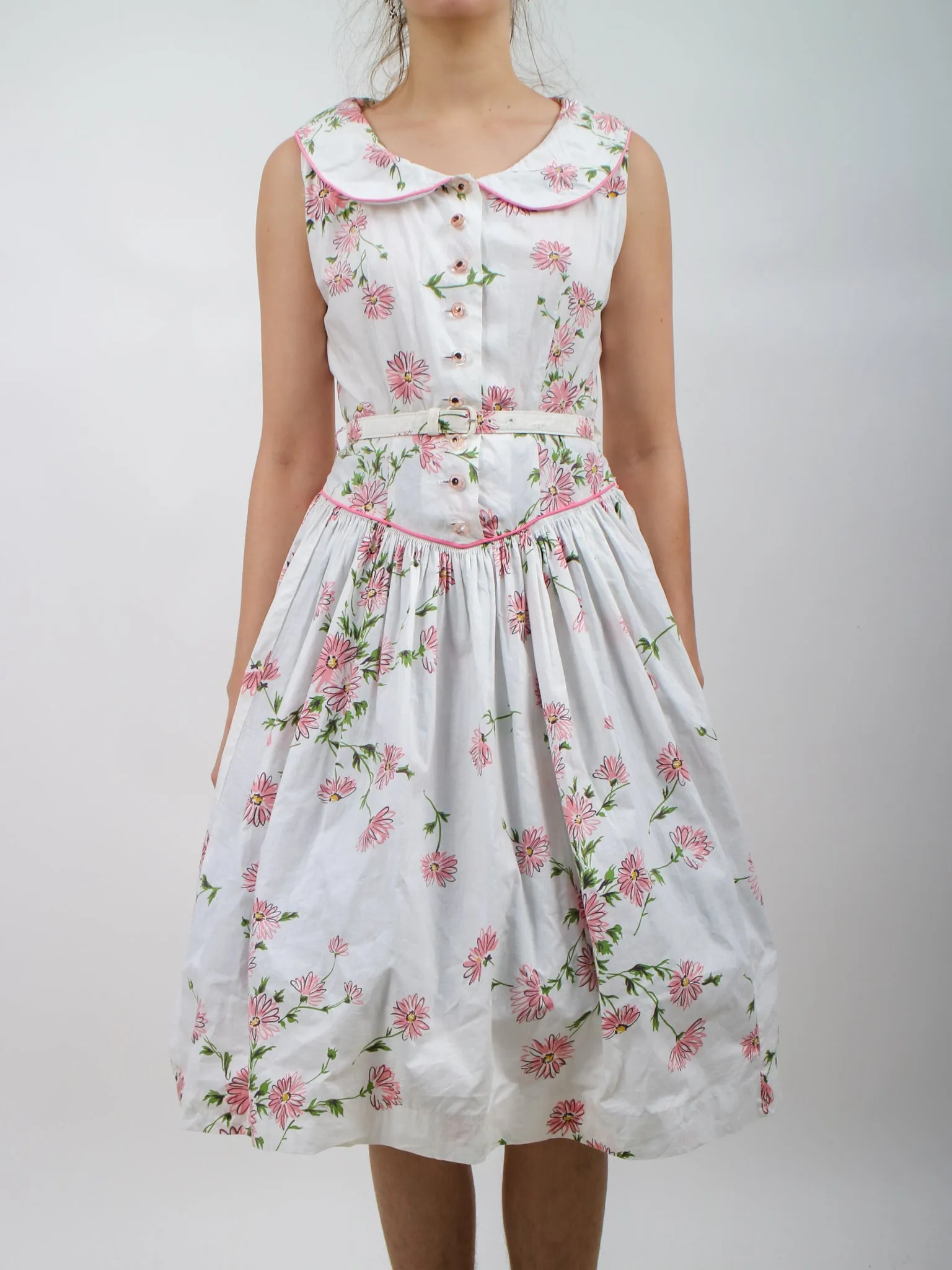 1950s Pink and White Drop Waist Floral Cotton Fit and Flare Shirt Dress
