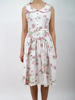 1950s Pink and White Drop Waist Floral Cotton Fit and Flare Shirt Dress