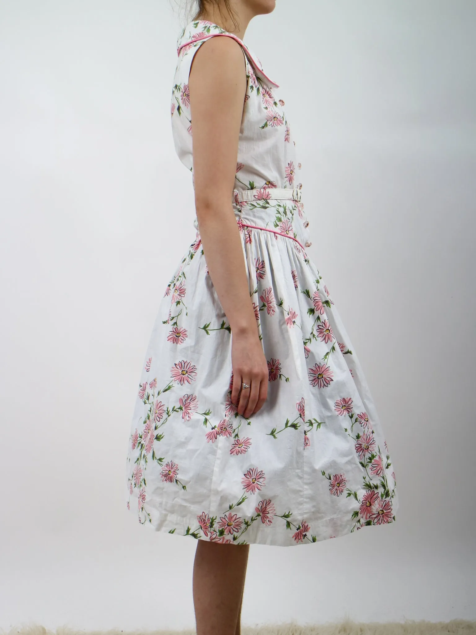 1950s Pink and White Drop Waist Floral Cotton Fit and Flare Shirt Dress