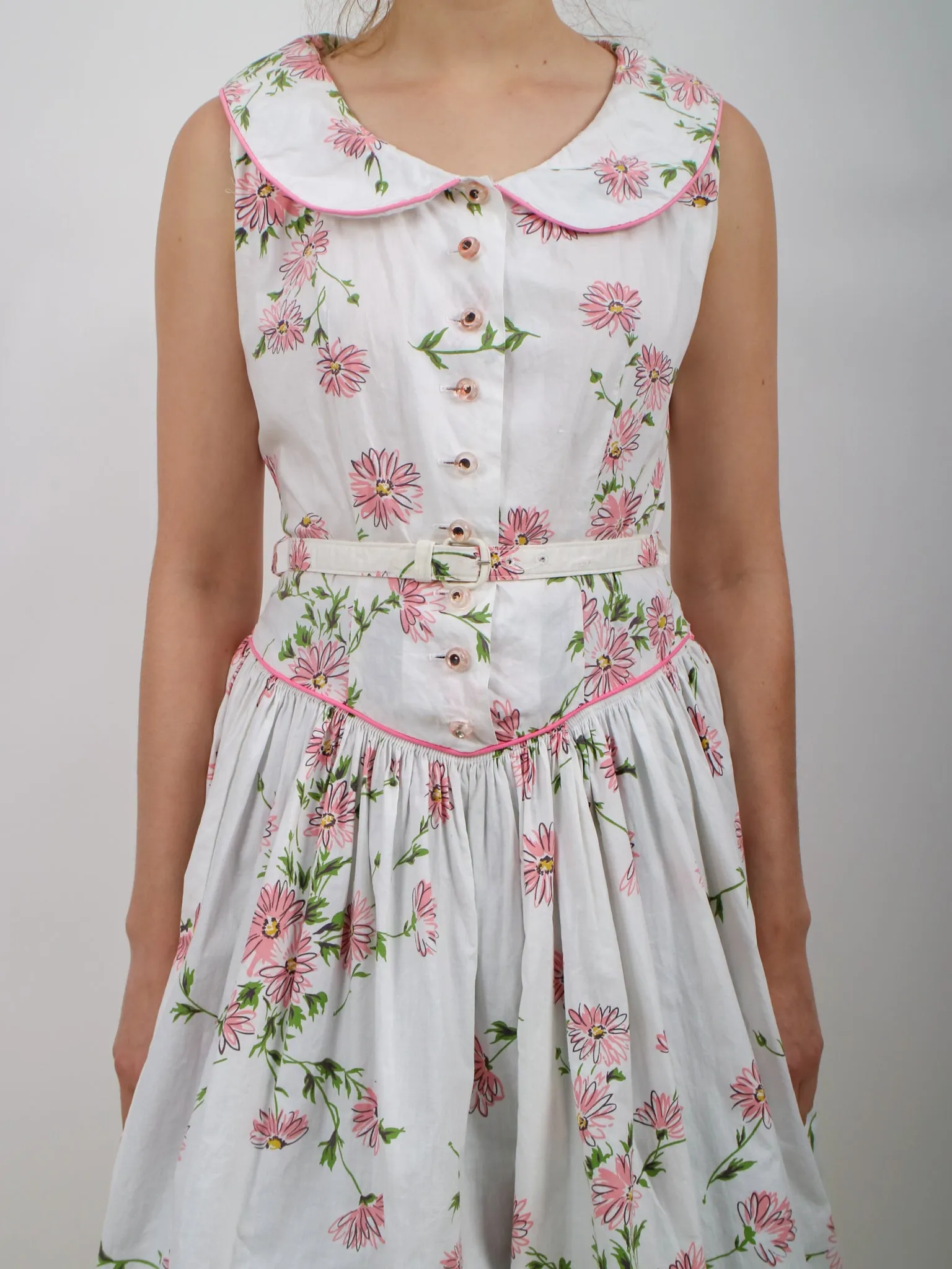 1950s Pink and White Drop Waist Floral Cotton Fit and Flare Shirt Dress