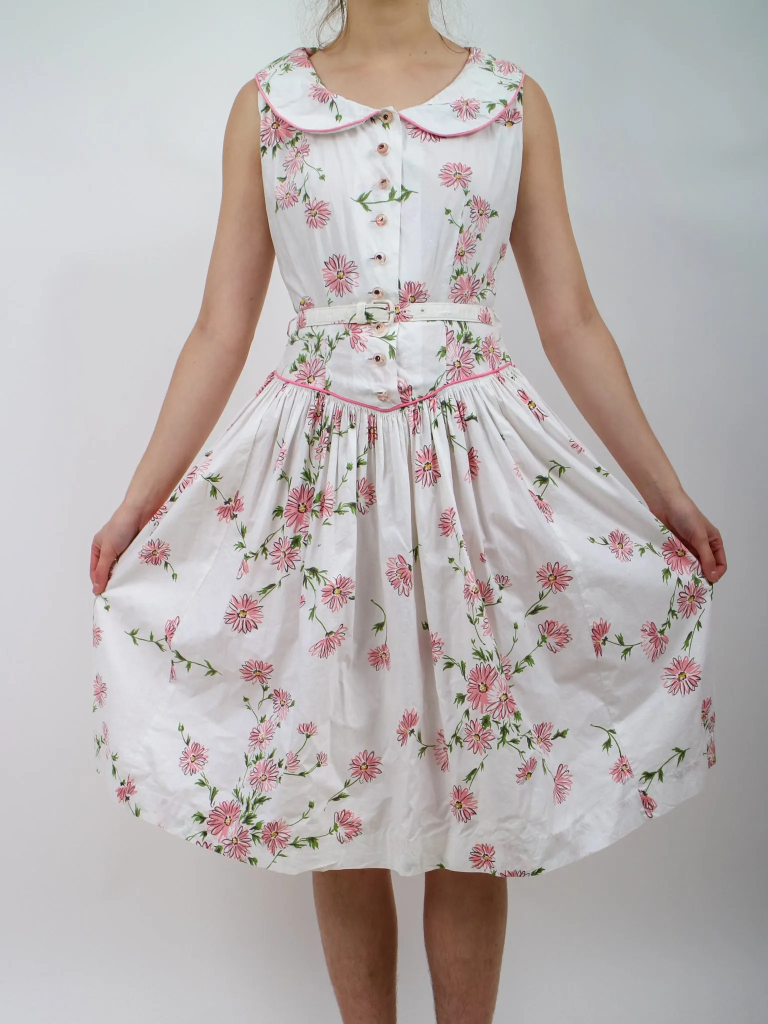 1950s Pink and White Drop Waist Floral Cotton Fit and Flare Shirt Dress