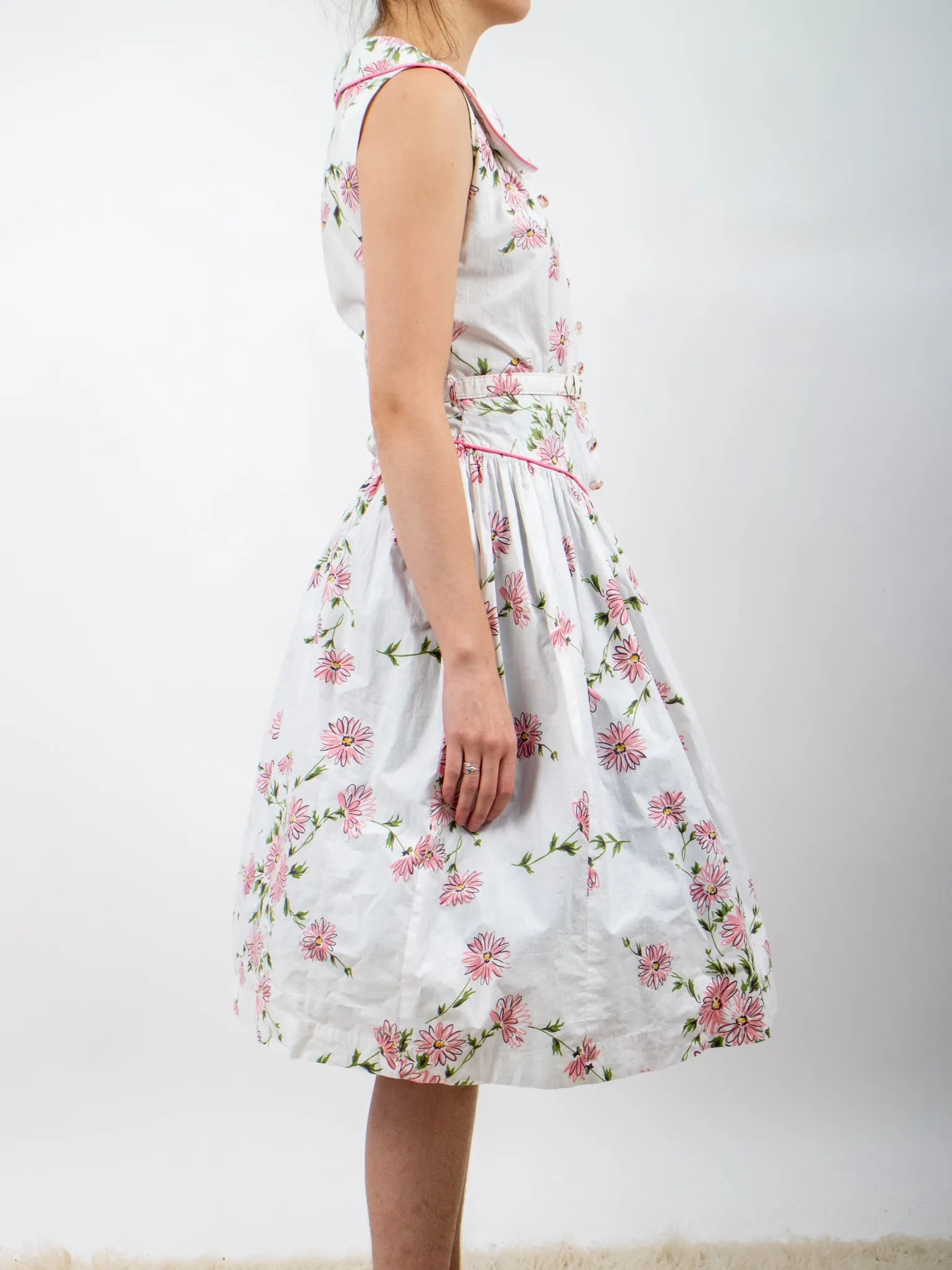 1950s Pink and White Drop Waist Floral Cotton Fit and Flare Shirt Dress