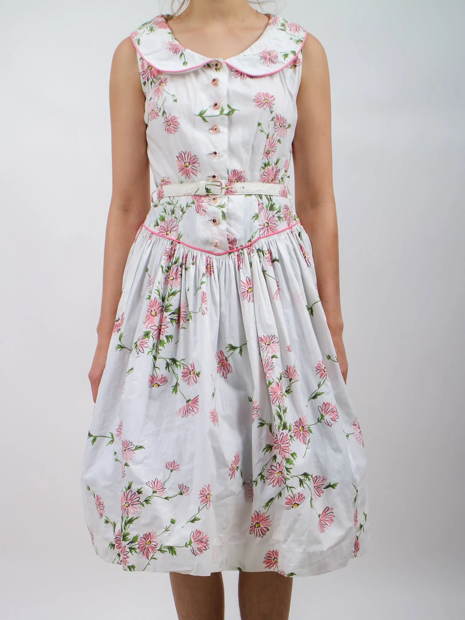1950s Pink and White Drop Waist Floral Cotton Fit and Flare Shirt Dress
