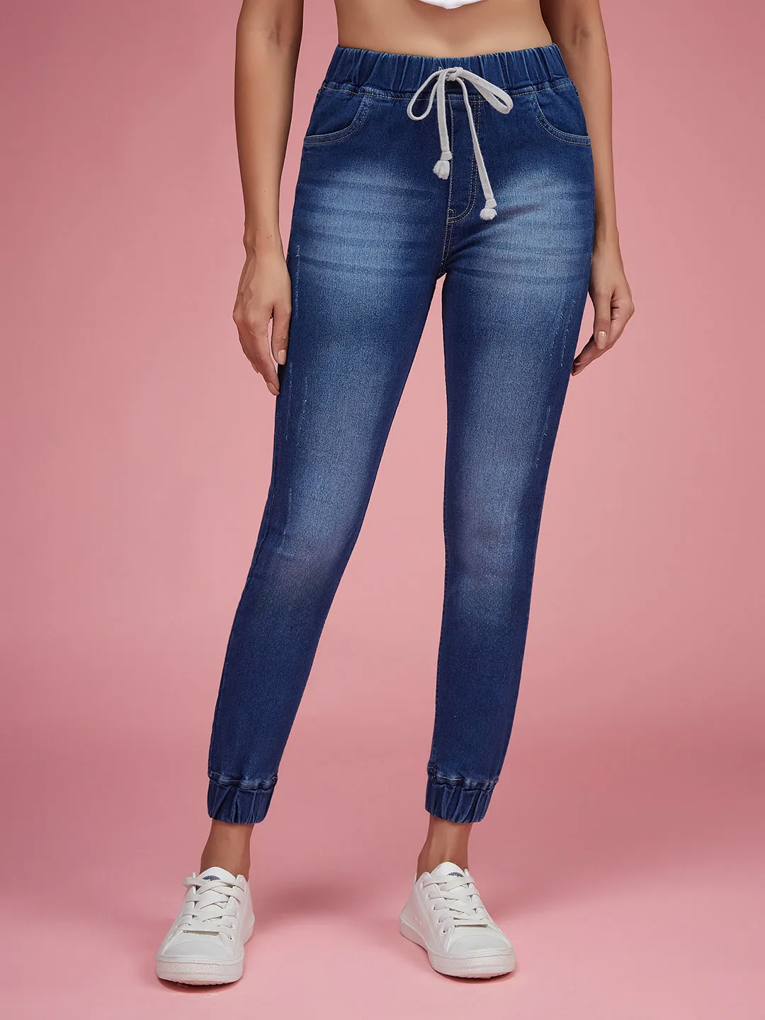 24/7 Comfort Navy Blue Relaxed Fit Mid Rise Denim Stretchable Jogger Pants