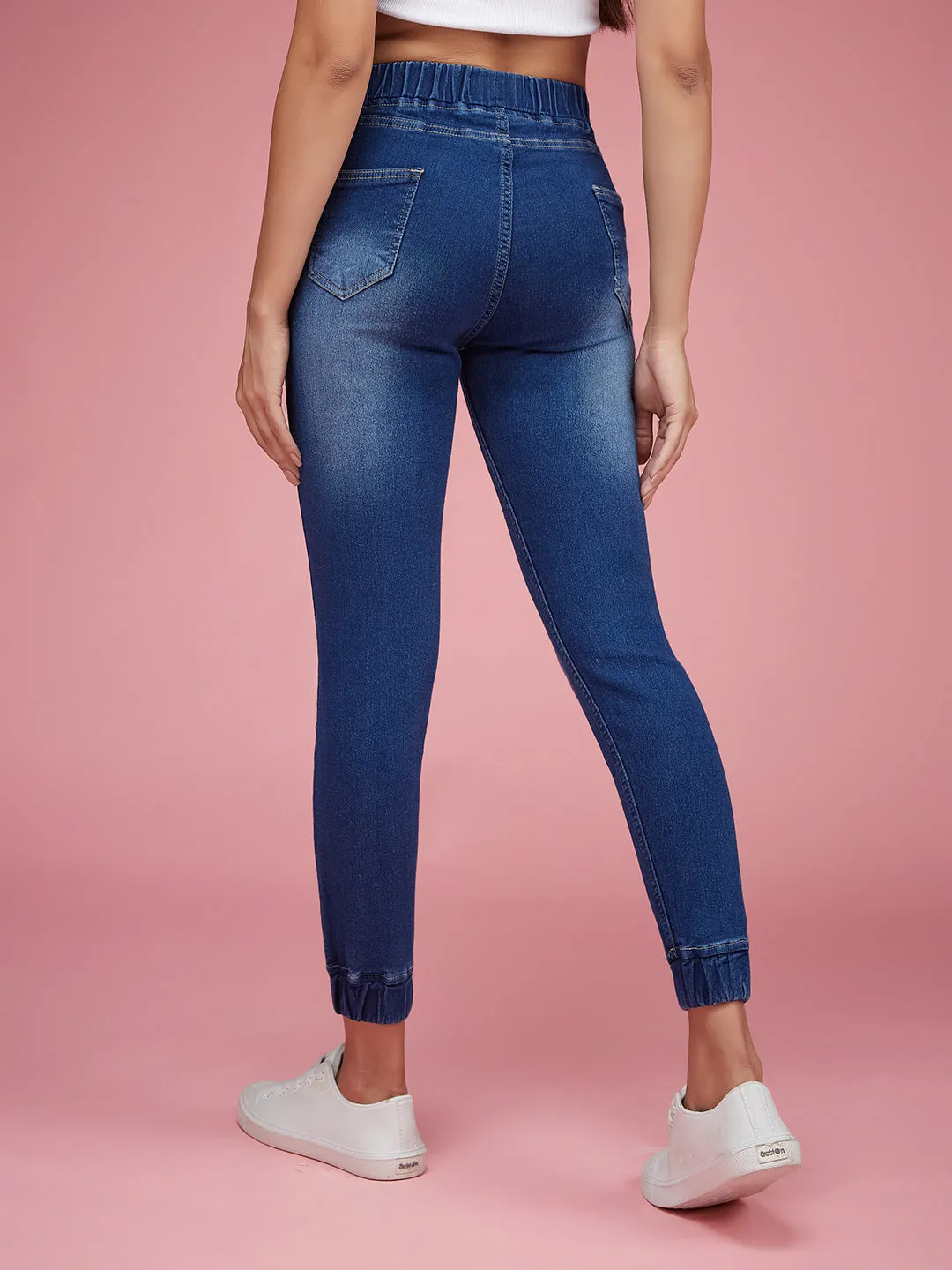 24/7 Comfort Navy Blue Relaxed Fit Mid Rise Denim Stretchable Jogger Pants