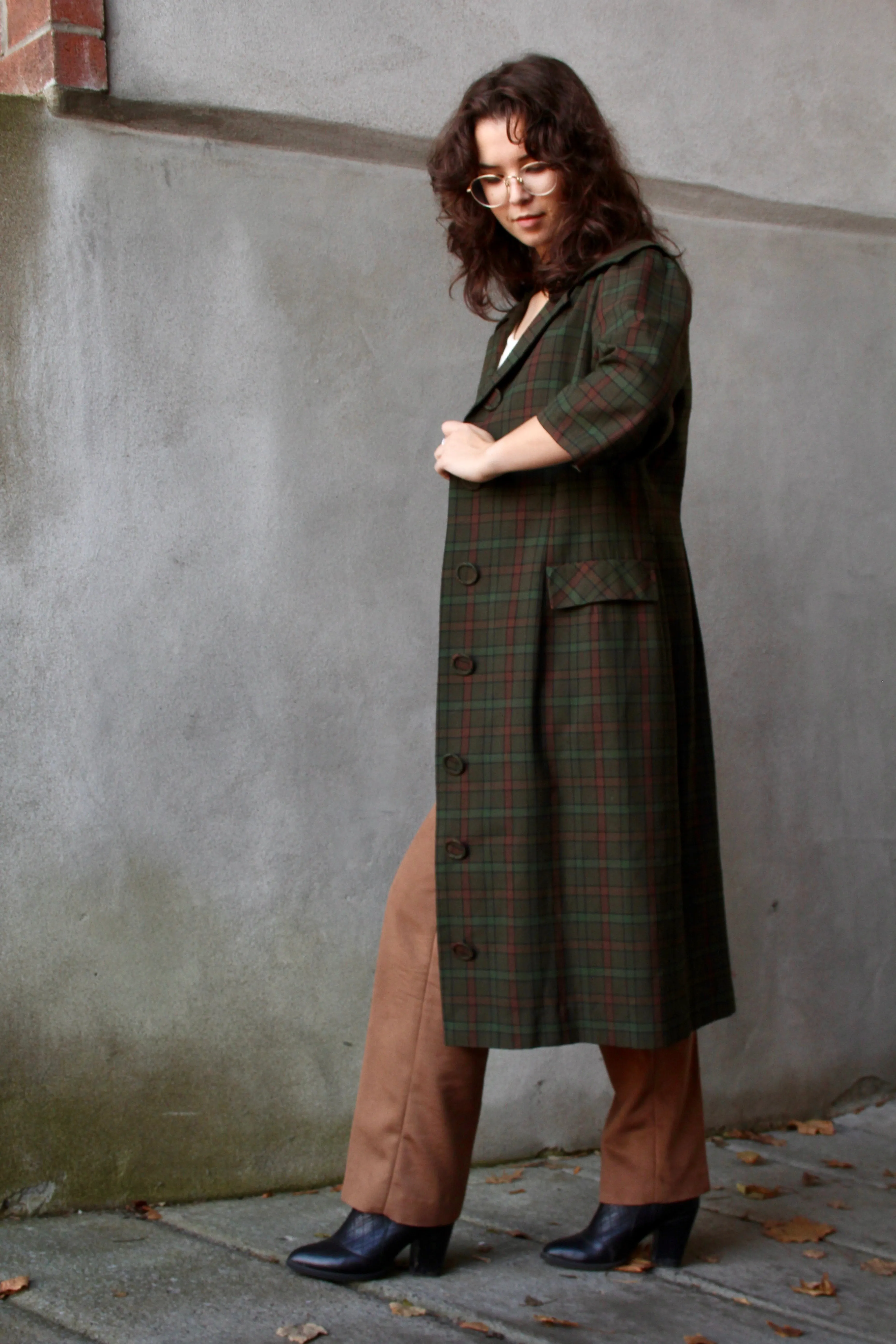 70s Autumnal Plaid Wool-Blend Coat Dress M/L