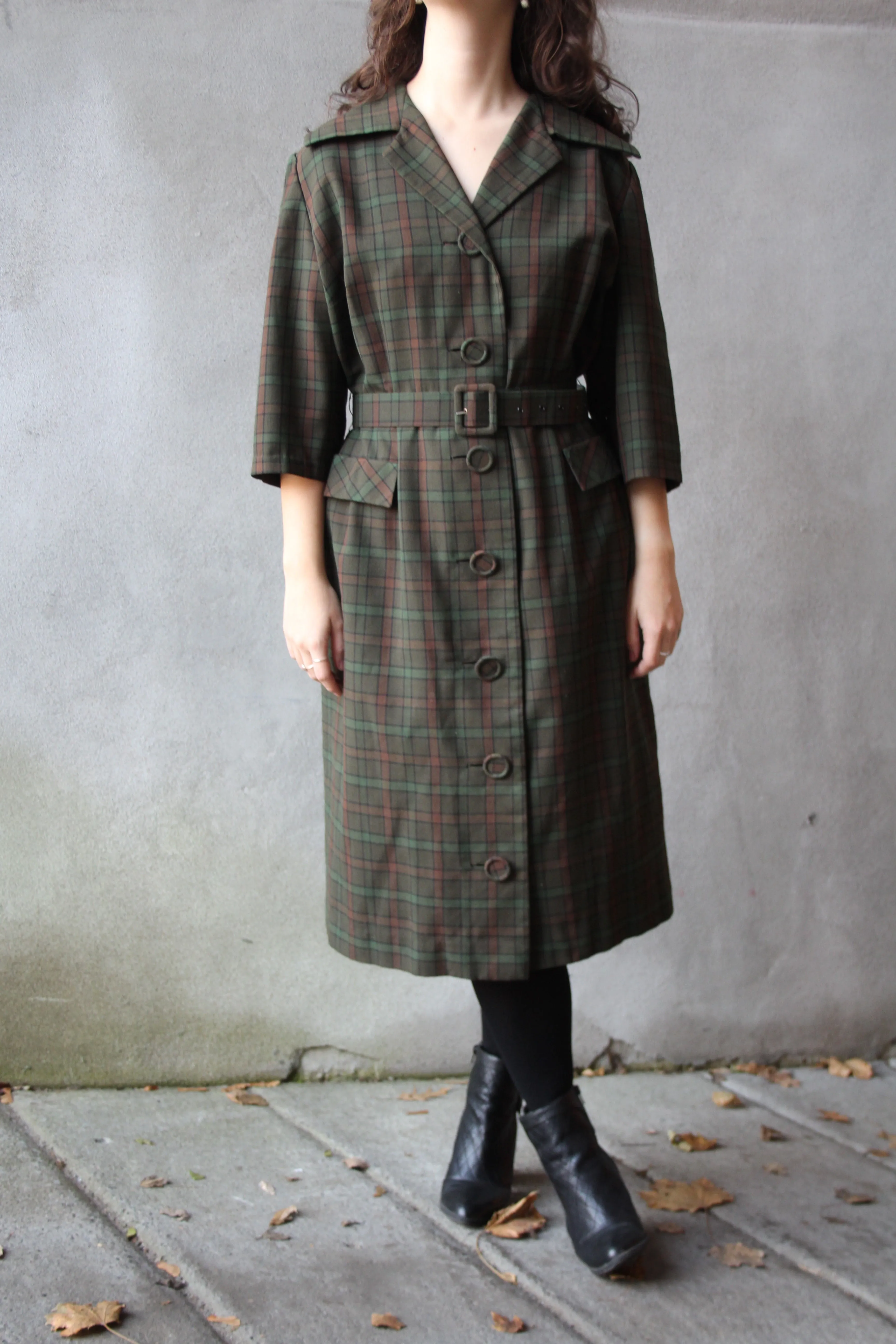 70s Autumnal Plaid Wool-Blend Coat Dress M/L