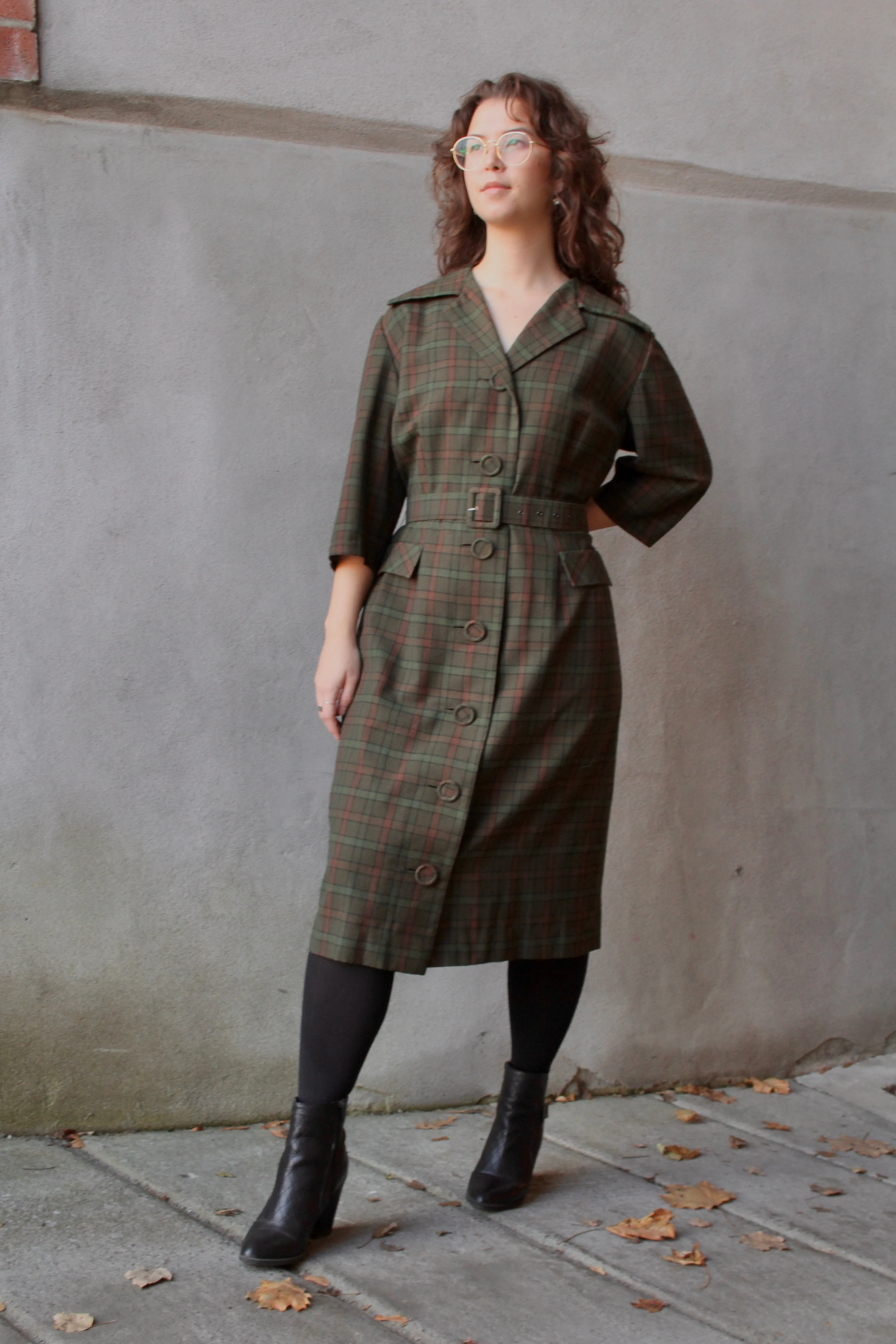 70s Autumnal Plaid Wool-Blend Coat Dress M/L