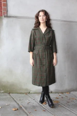 70s Autumnal Plaid Wool-Blend Coat Dress M/L