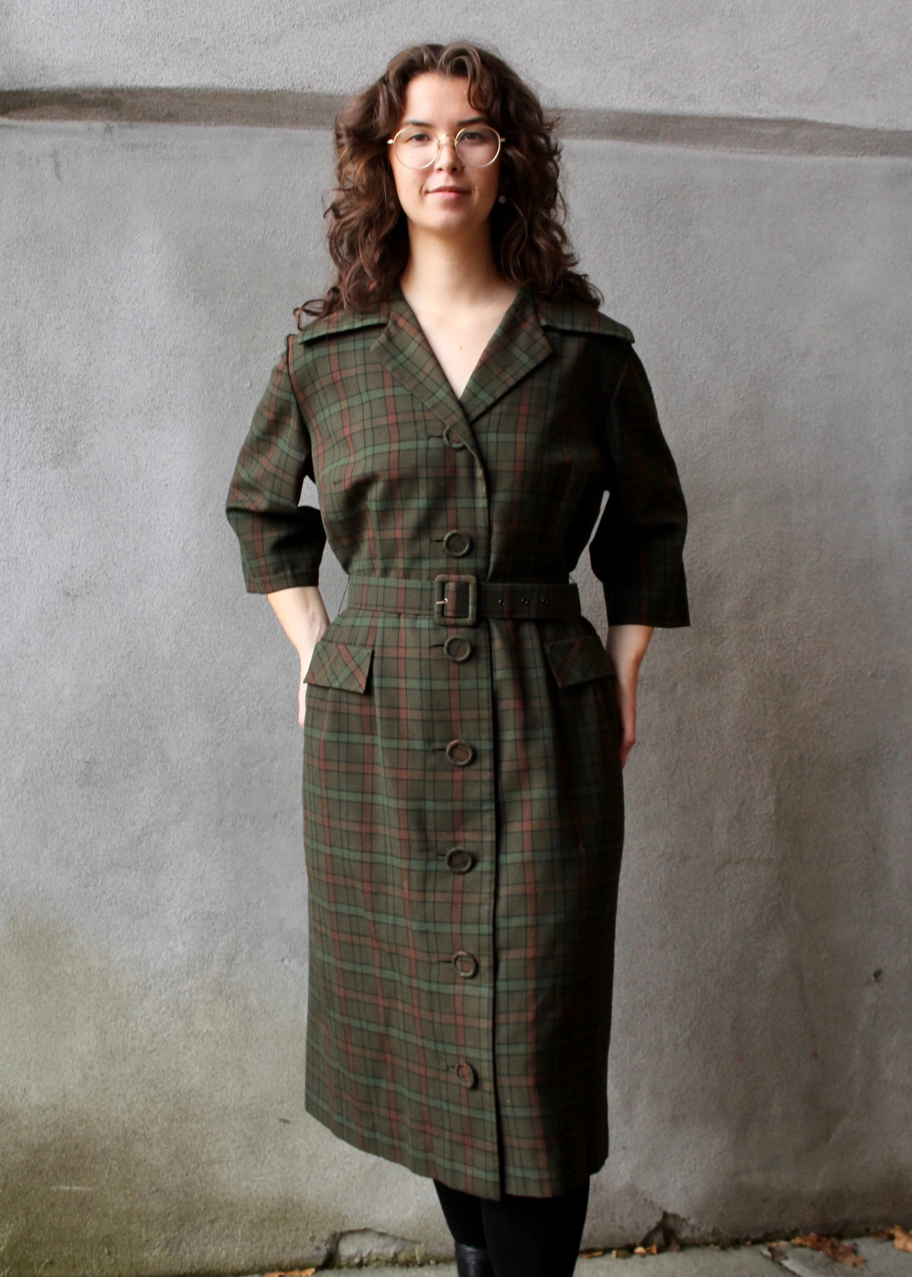 70s Autumnal Plaid Wool-Blend Coat Dress M/L