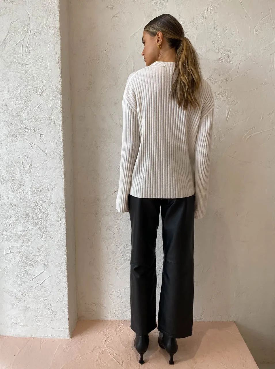Assembly Label Wool Cashmere Rib Long Sleeve Top in Antique White