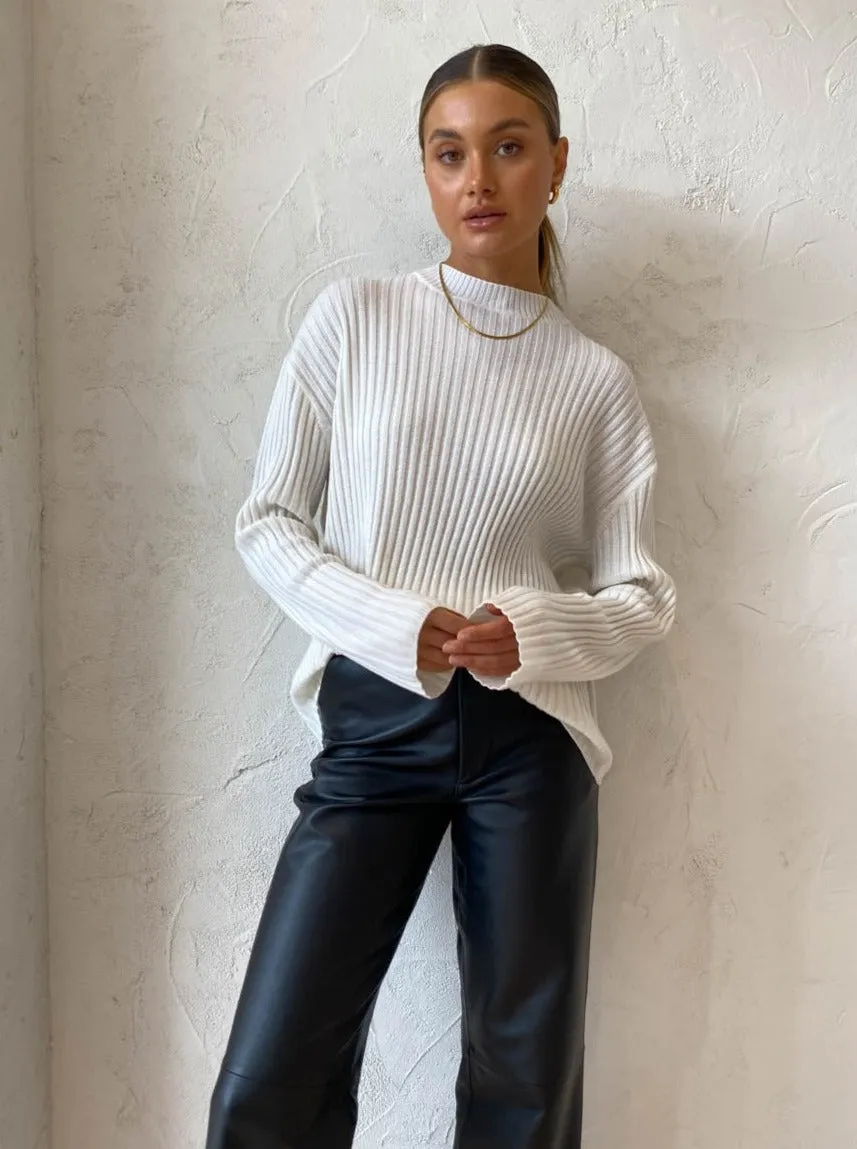 Assembly Label Wool Cashmere Rib Long Sleeve Top in Antique White