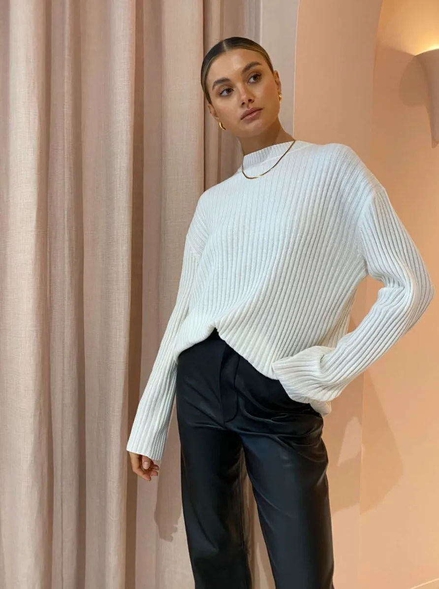 Assembly Label Wool Cashmere Rib Long Sleeve Top in Antique White