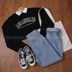 Black / Midblue Collar sweat los Angeles and wideleg jeans