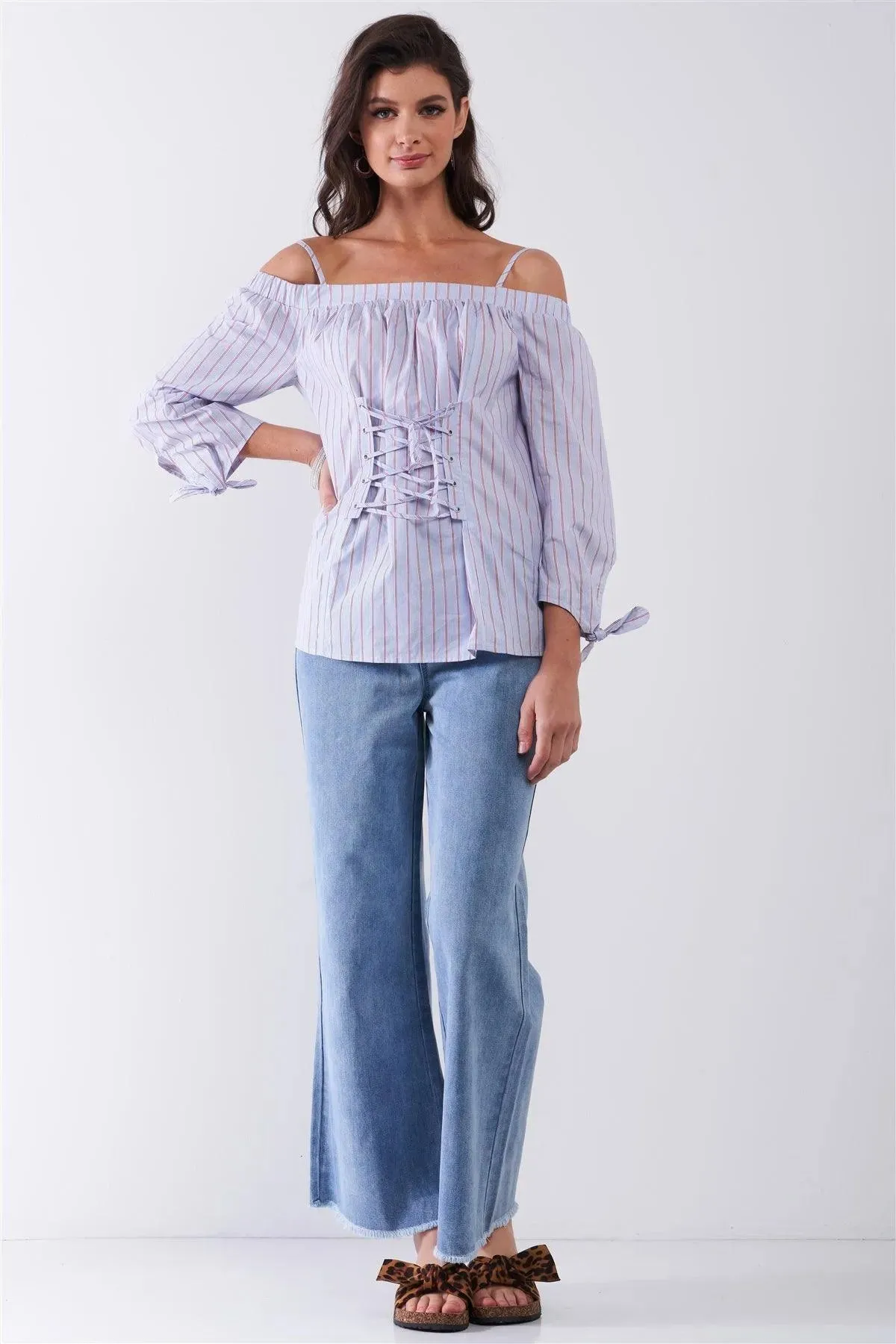 Blue & Red Pinstriped Off-The-Shoulder Balloon Sleeve Corset Lace-Up Front Detail Blouse /1-2-2-1