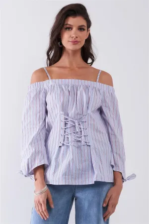 Blue & Red Pinstriped Off-The-Shoulder Balloon Sleeve Corset Lace-Up Front Detail Blouse /1-2-2-1