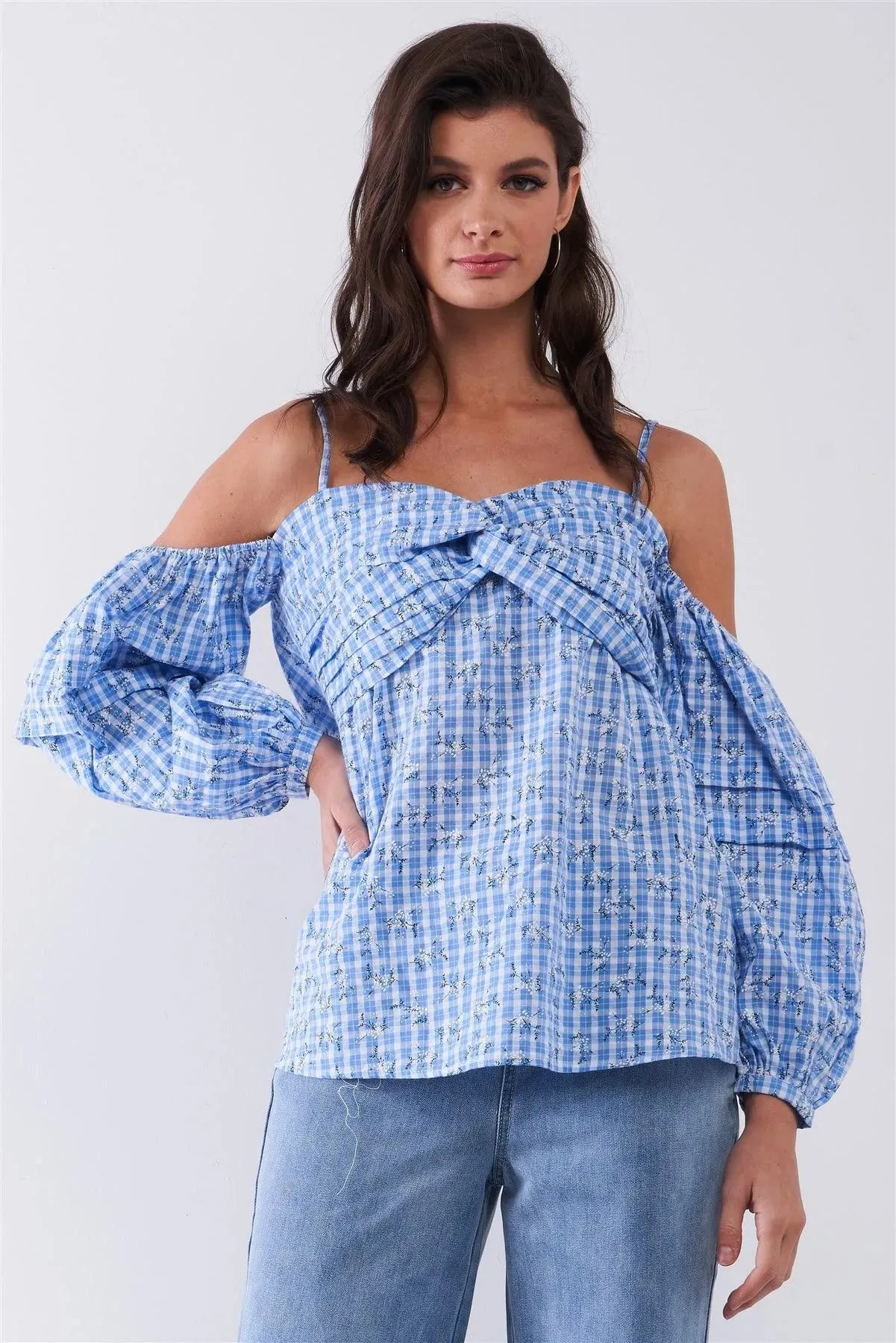 Blue & White Checkered Floral Print Off-The-Shoulder Balloon Sleeve Relaxed Blouse /1-2-1