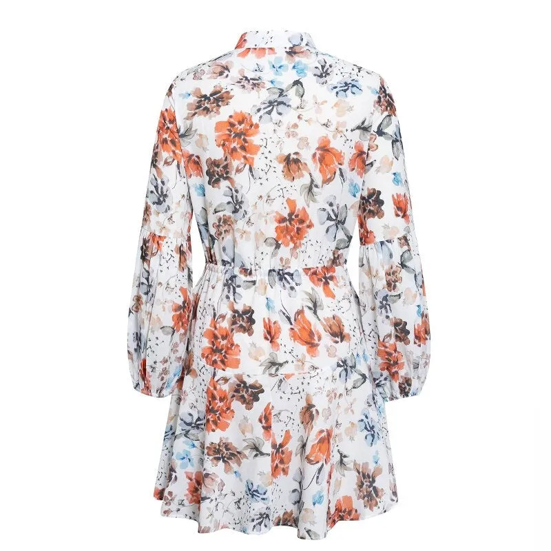Casual Printed Office Lady Pleated Asymmetrical Short Sundress Summer Midi Dress