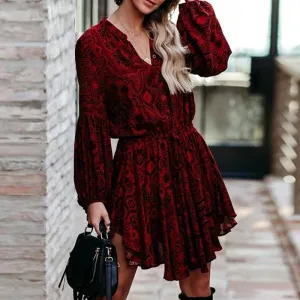 Casual Printed Office Lady Pleated Asymmetrical Short Sundress Summer Midi Dress