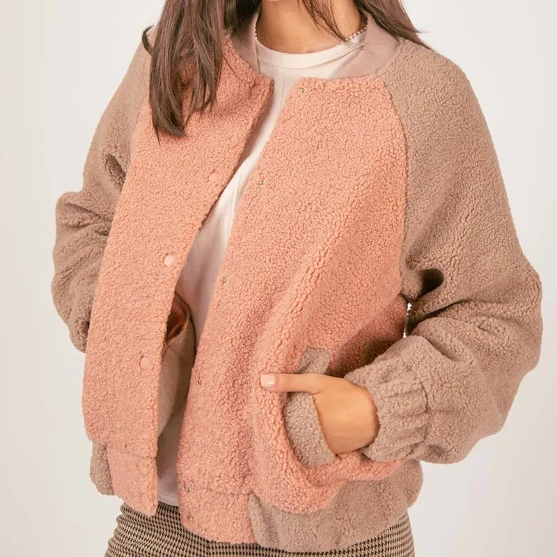 Color Block Fleece Bomber Jacket