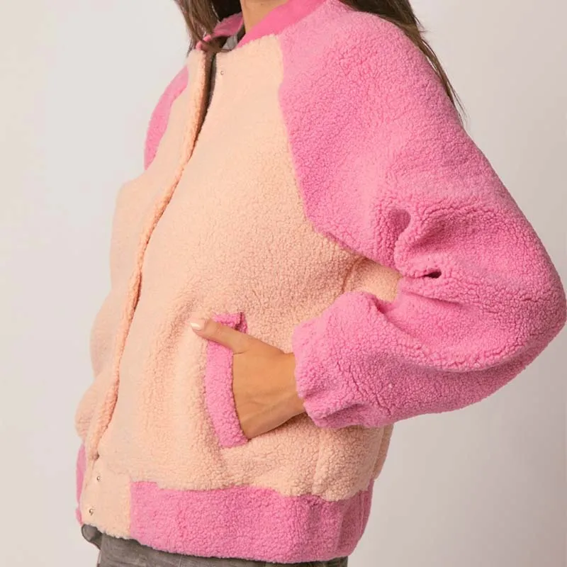 Color Block Fleece Bomber Jacket
