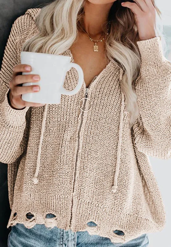Distressed Zip Up Drawstring Hooded Cardigan Sweater