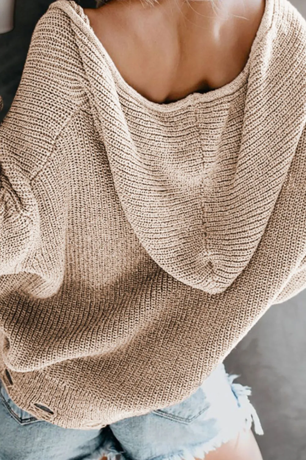 Distressed Zip Up Drawstring Hooded Cardigan Sweater