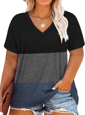 DOLNINE Plus-Size Tops for Women Short Sleeve Color Block Casual T-Shirts Tunics