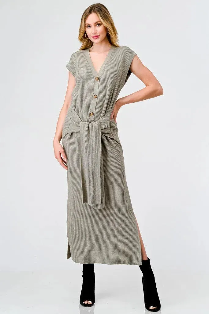 Dusty Olive Knit Button-Up Sleeveless Belted Midi Sweater Dress /3-2-1