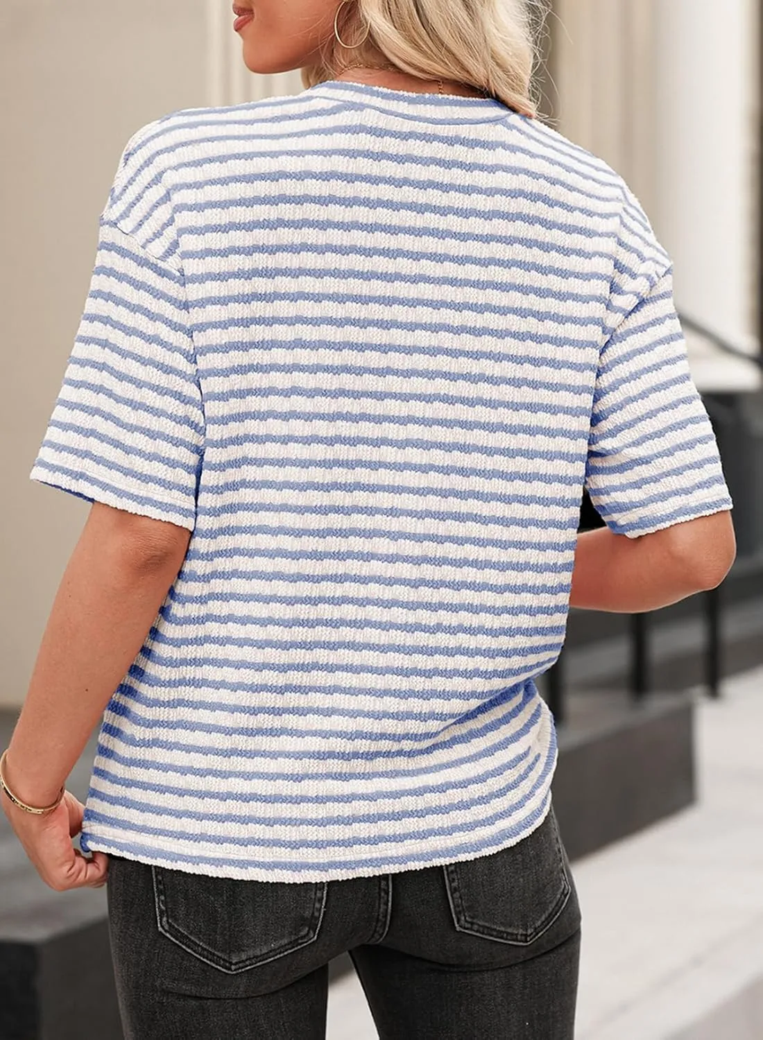 EVALESS Womens Oversized Shirts Summer Tops V Neck Short Sleeve Striped Tee Shirt