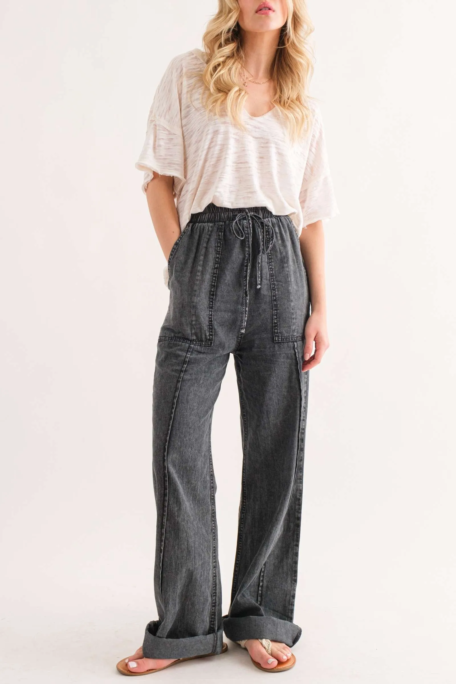 Feeling Alive Chambray Pants - Charcoal