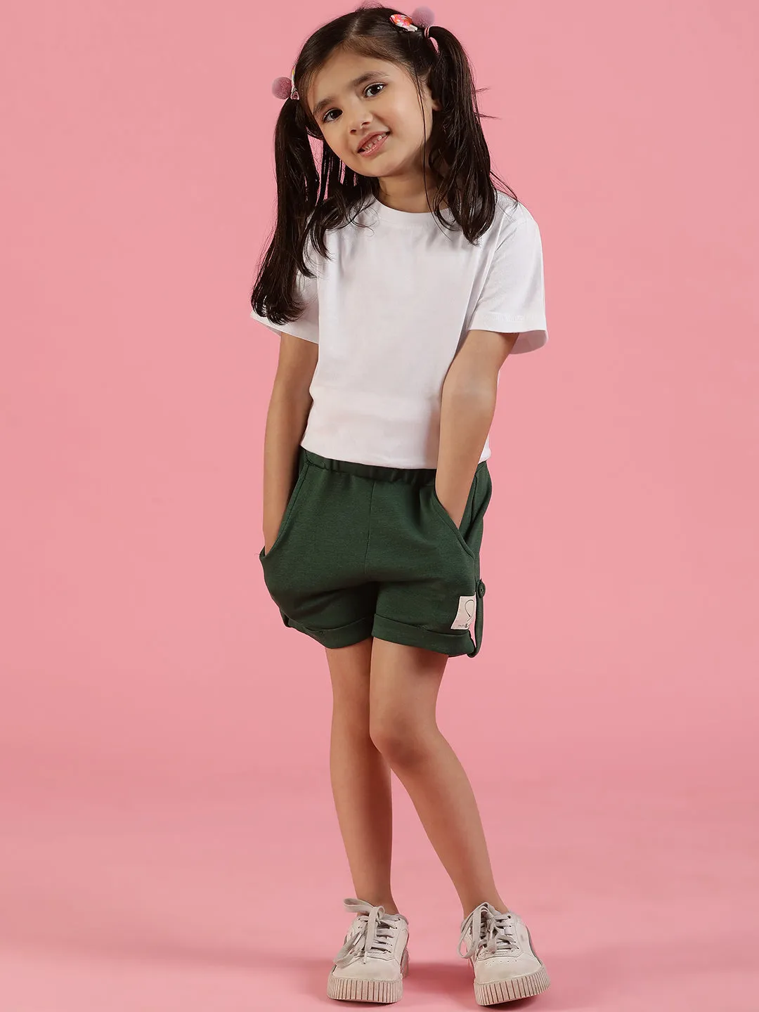 Girls Viscose Solid Green Shorts