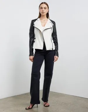 Greenwich St Motor Jacket in Chalk White Wool & Black Leather