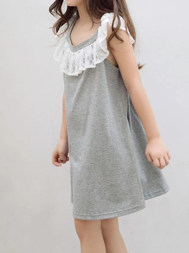 Lace Trimmed Collar Toddler Big Girl Kids Casual Dress