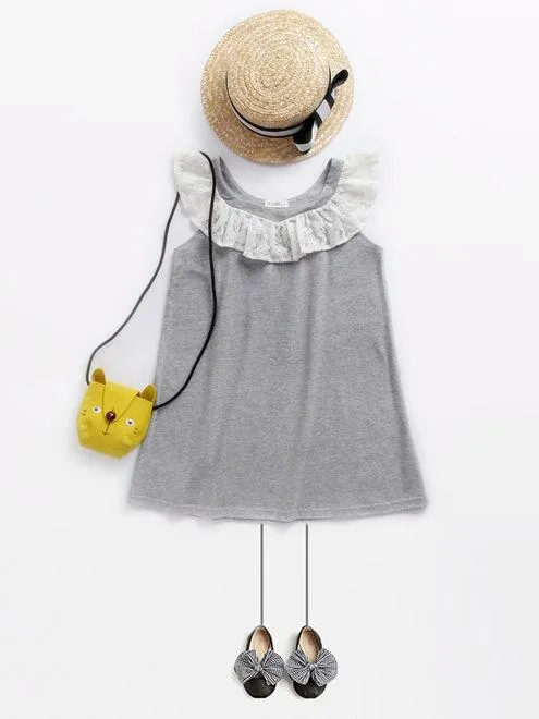 Lace Trimmed Collar Toddler Big Girl Kids Casual Dress
