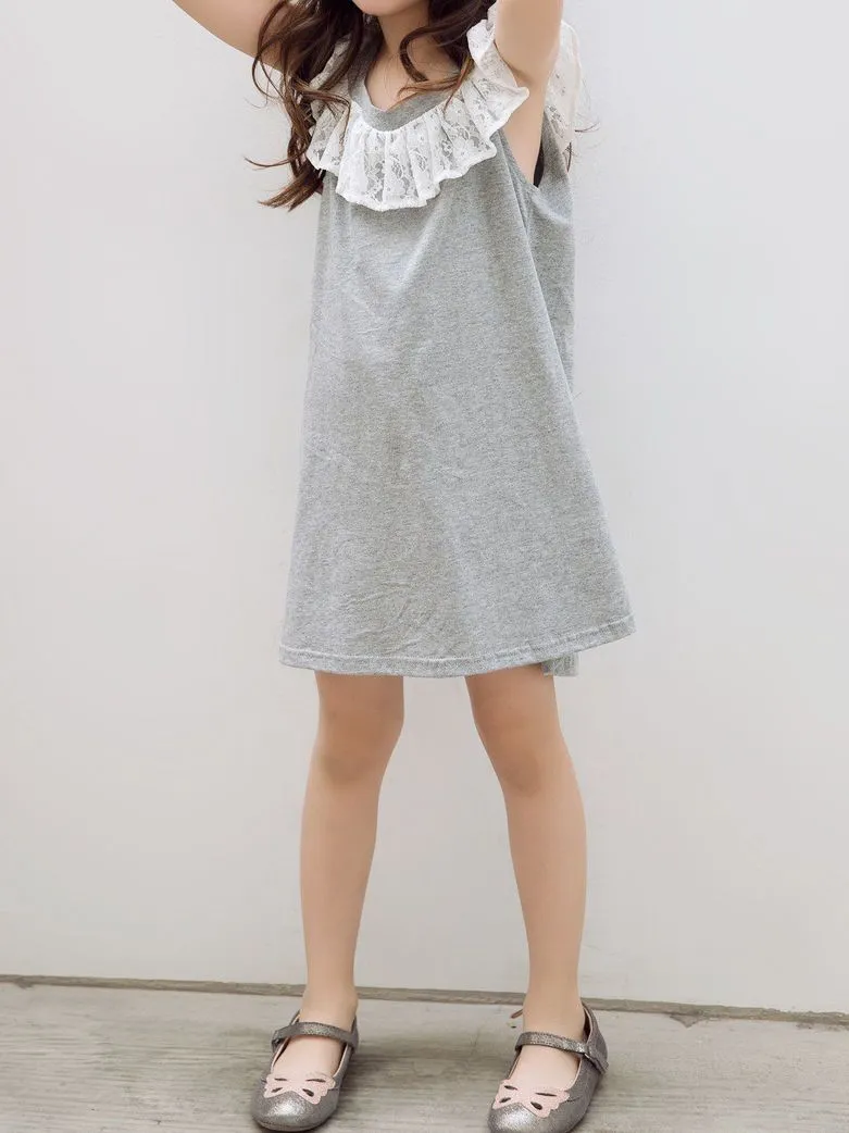Lace Trimmed Collar Toddler Big Girl Kids Casual Dress