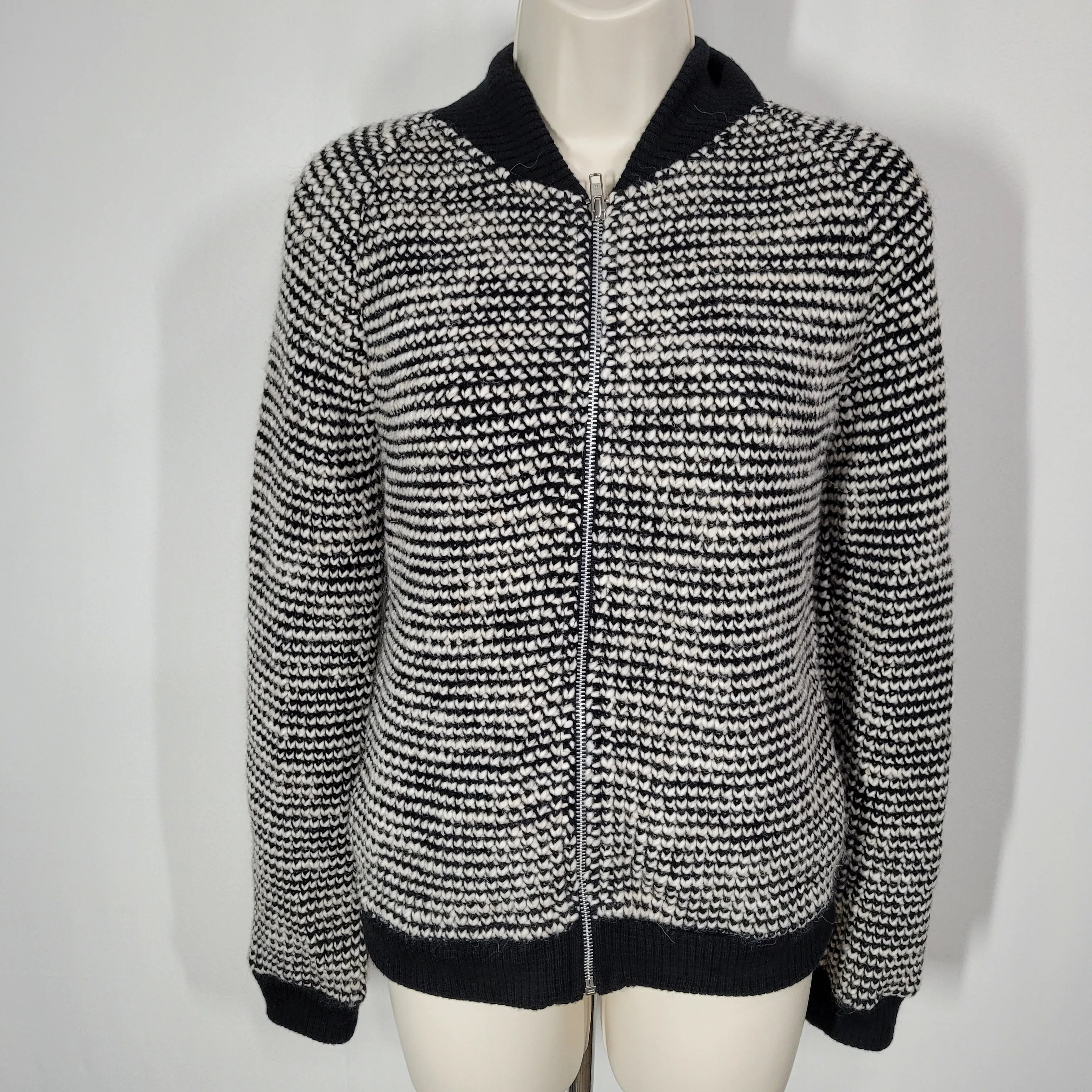 L'Agence Zip-up Wool Knit Black and White Sweater Small