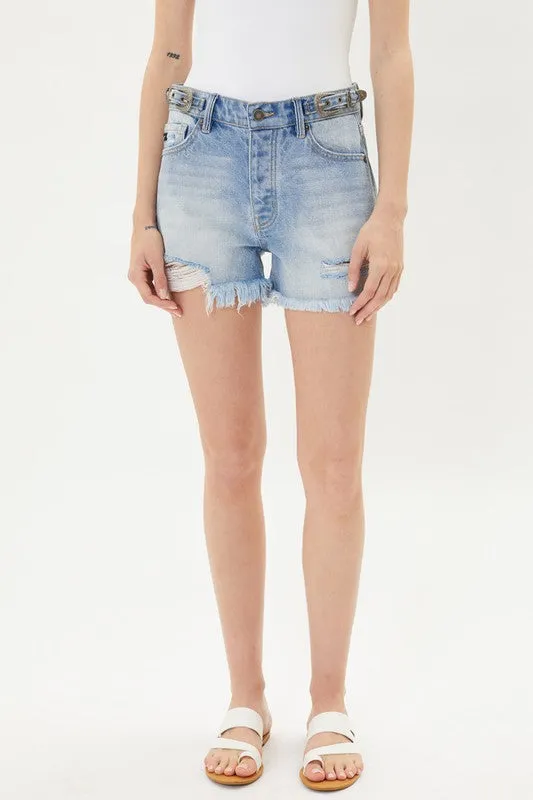 Light Denim Distressed High Rise Shorts