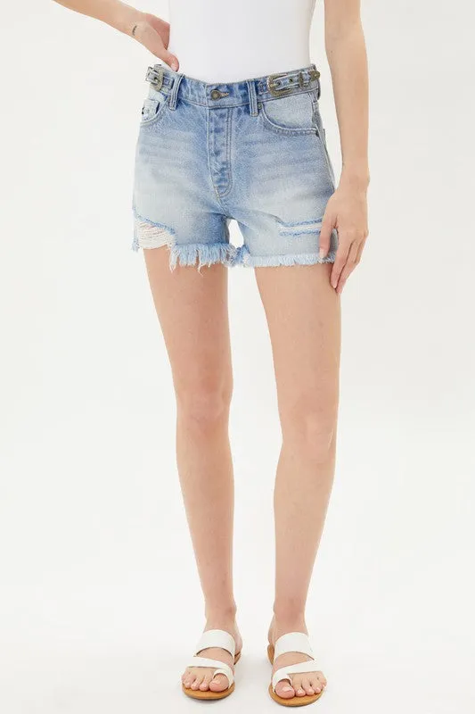 Light Denim Distressed High Rise Shorts