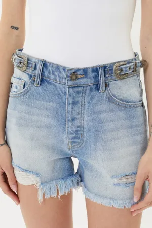Light Denim Distressed High Rise Shorts