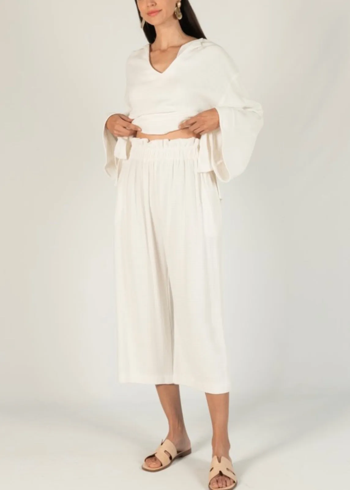 Linen Culotte Elastic Waist Band Pants