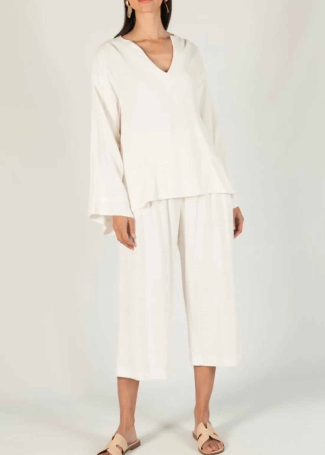 Linen Culotte Elastic Waist Band Pants