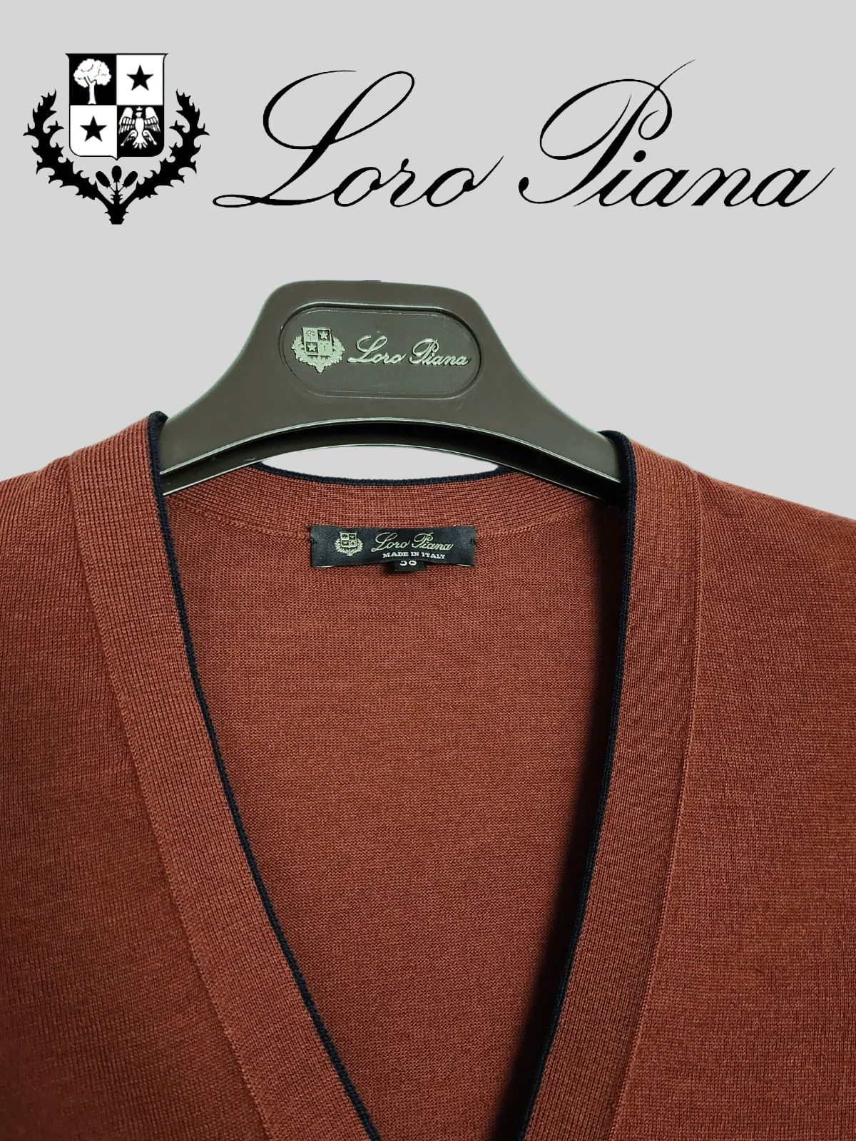 Loro Piana Women's Rust w/ Navy Blue Trim 100% Virgin Wool Cardigan Sweater