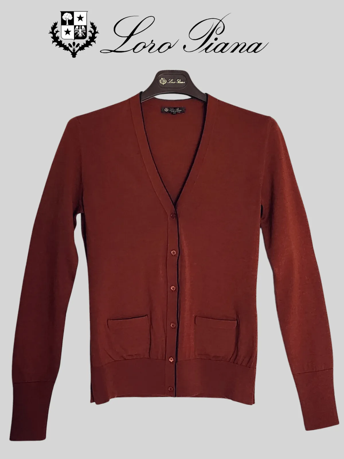 Loro Piana Women's Rust w/ Navy Blue Trim 100% Virgin Wool Cardigan Sweater