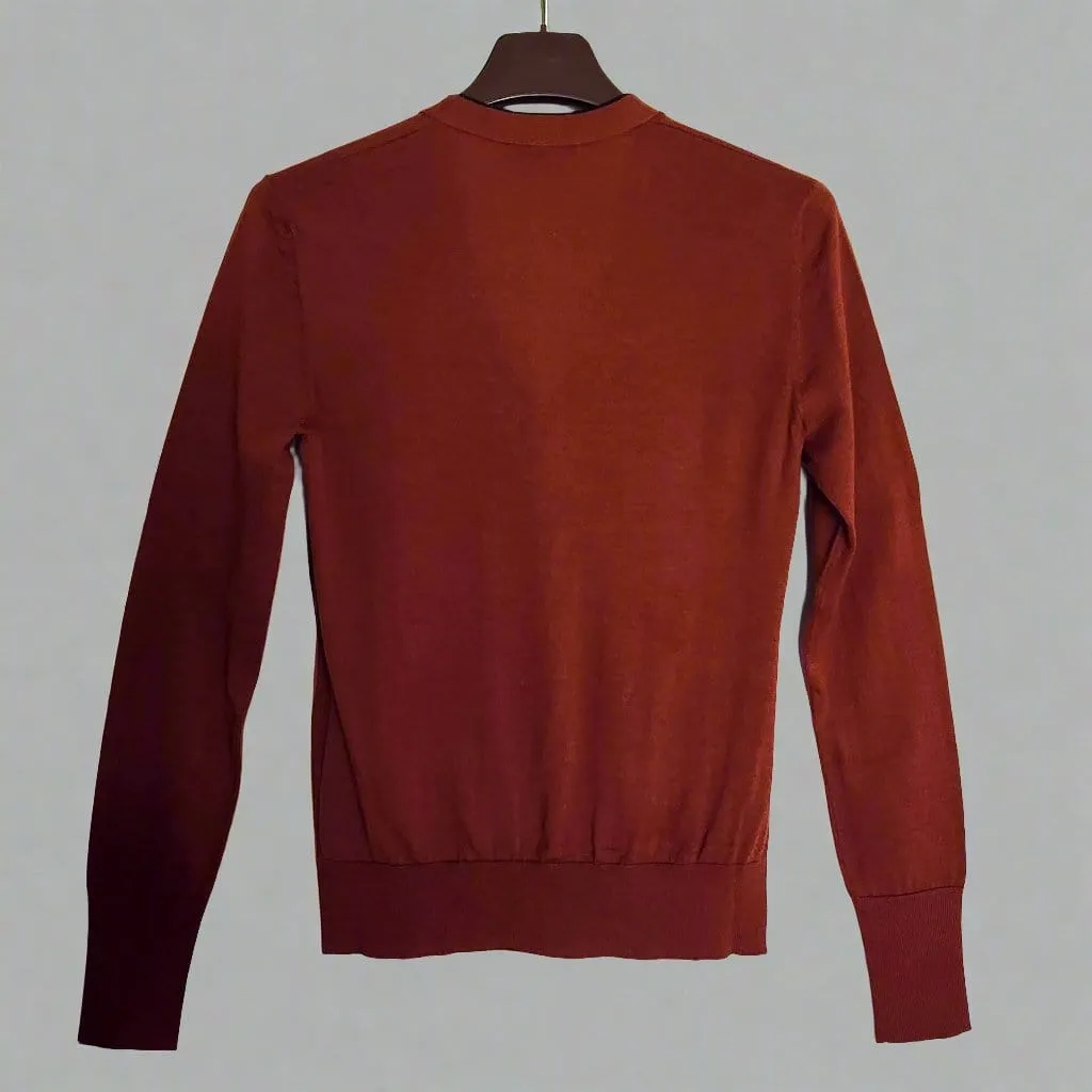 Loro Piana Women's Rust w/ Navy Blue Trim 100% Virgin Wool Cardigan Sweater