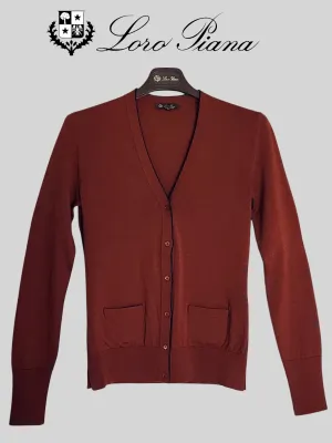 Loro Piana Women's Rust w/ Navy Blue Trim 100% Virgin Wool Cardigan Sweater