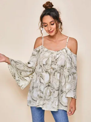 Marble Print Cold Shoulder Blouse