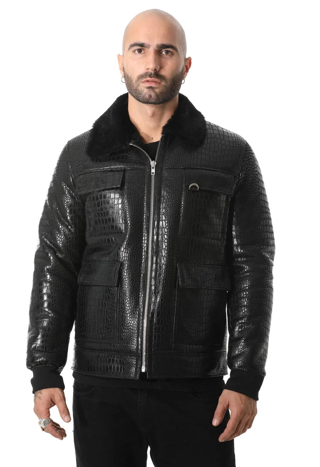 Men's Black Leather Bomber Jacket, Crocodile Emboss
