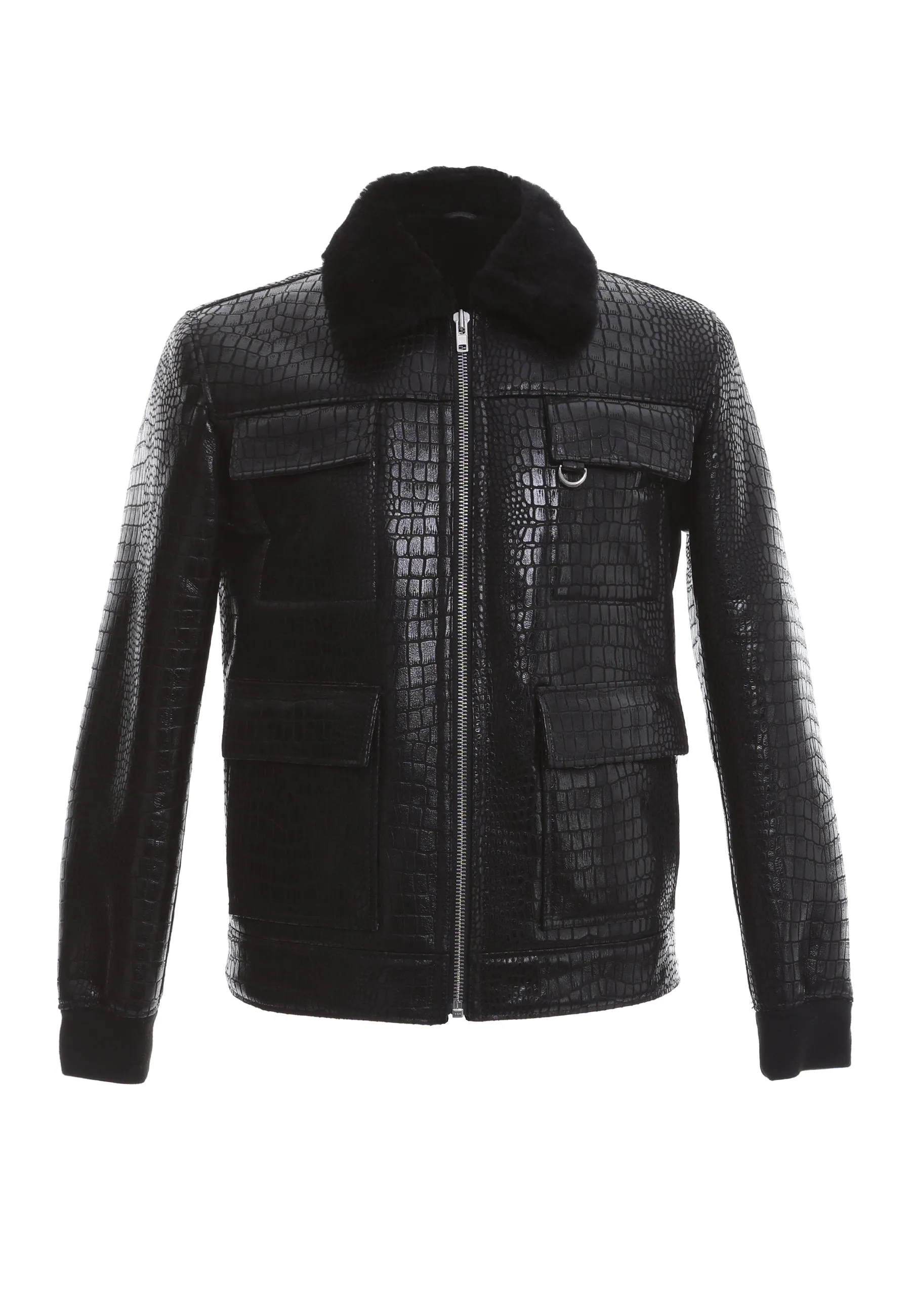 Men's Black Leather Bomber Jacket, Crocodile Emboss